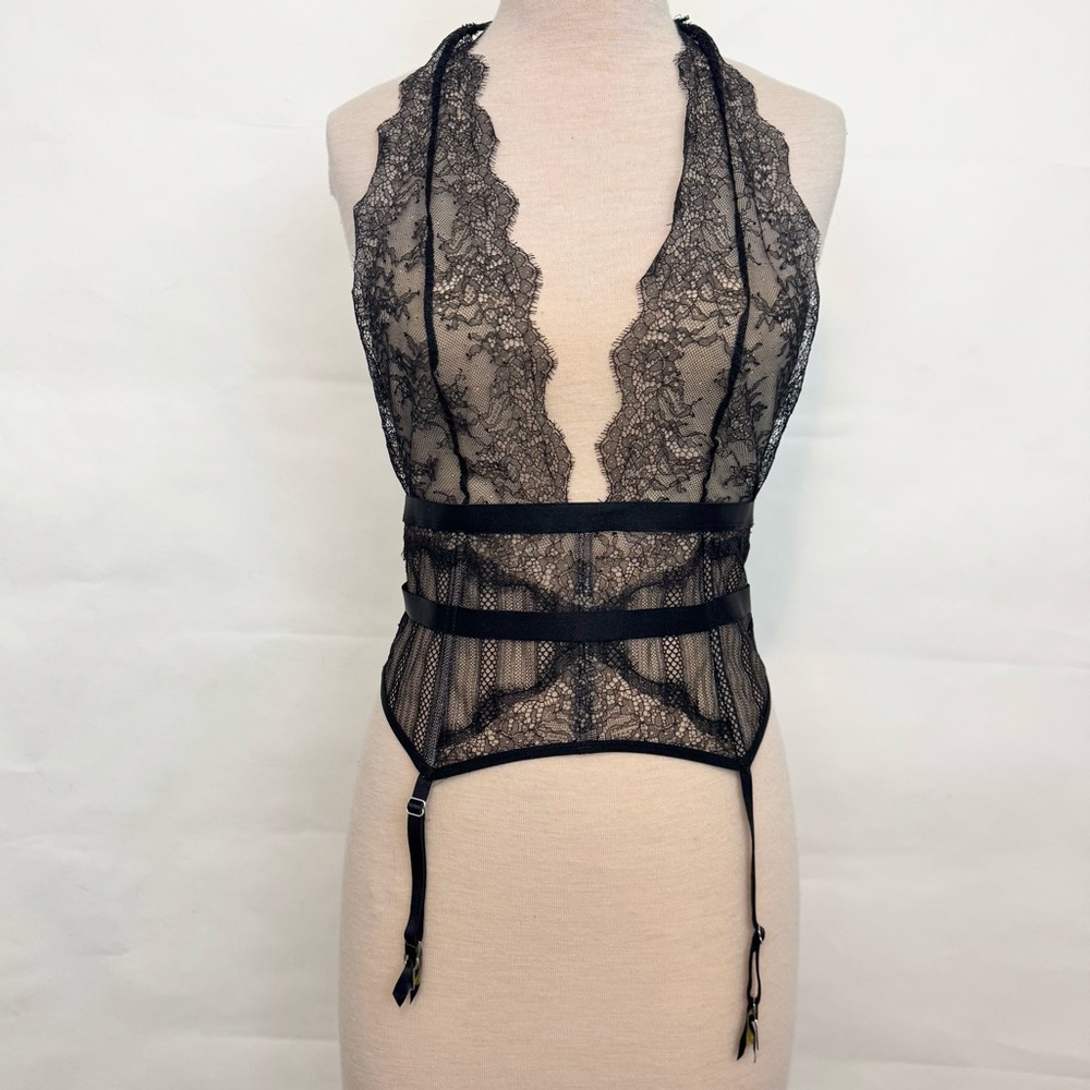 Victoria's Secret Black Lace Halter Plunge Chemise Teddy Sheer Large